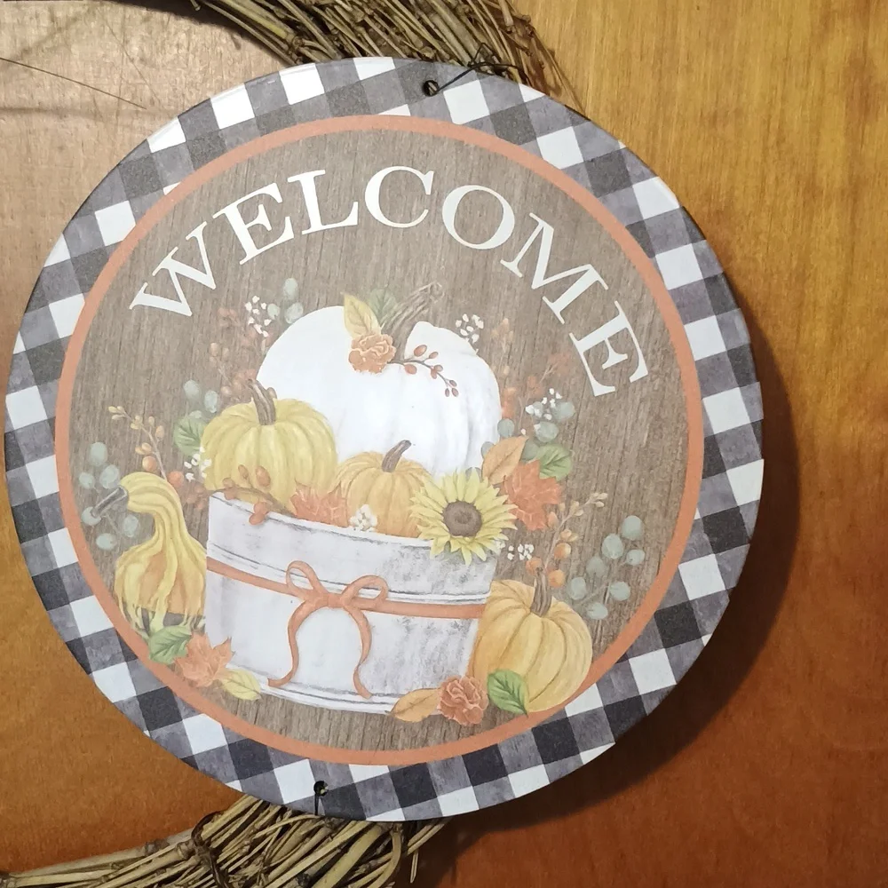 Rustic Welcome Wreath with Plaid Bow and Sunflowers